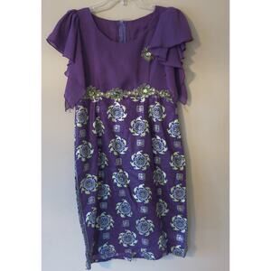 AFRICAN Handmade Ankara Dress Mid Length Short Sleeve Purple/Green with Gems